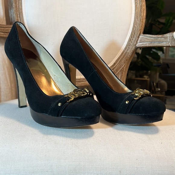 Michael Kors HAMILTON Pump Black Suede Heels Stiletto Platform MK logo Size 10 - Picture 4 of 14